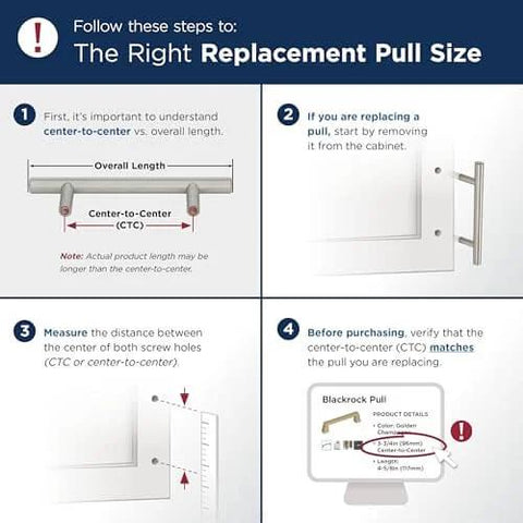 Instructional guide for selecting the right replacement pull size with steps, measurements, and product details for installation.