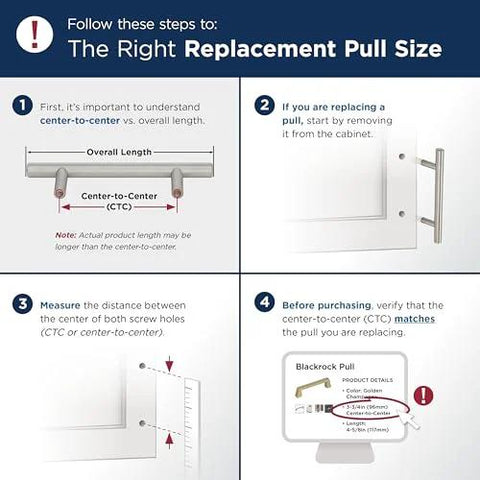 Infographic on choosing the right replacement pull size, highlighting center-to-center vs overall length for cabinet handles.