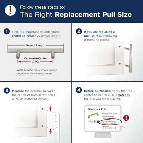 Instructions on measuring center-to-center size for replacement pull with illustrations and guide