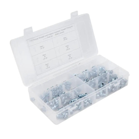 Grease Fittings Kit 110 Pcs Zinc Iron 45 Degree And 90 Degree Nipples Nozzles And Tips in clear plastic case for easy install