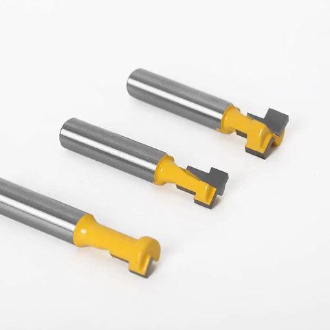 Pro Level Three Piece T Slot Router Bit Set With Eight Millimeter Shank Heavy Duty Keyhole Milling Cutters Rock Solid Hss Steel in three sizes.