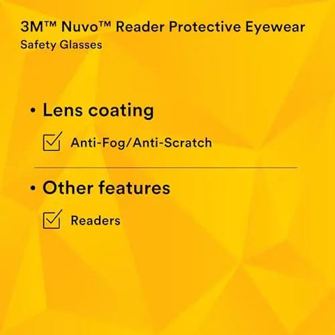 Safety Glasses With Built In Readers Plus 2.0 Diopter with anti-fog, anti-scratch coating, and readers feature on yellow background
