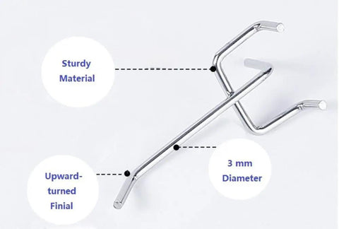 2 Inch Pegboard Hooks Kit, 32 Pieces, Heavy Duty Peg Board Organizer For Garage And Workshop, close-up of stainless steel hook with 3 mm diameter.