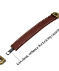 Brown Box Leather Handles 6 Pack for Furniture Cabinets and Drawers Vintage Antique Style Pulls With Screws, close-up view showing iron sheet detail.