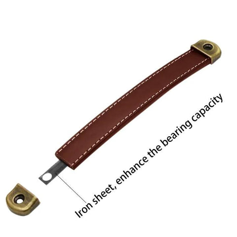 Brown Box Leather Handles 6 Pack for Furniture Cabinets and Drawers Vintage Antique Style Pulls With Screws, close-up view showing iron sheet detail.