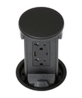 Slick Round Kitchen Pop Up Outlet Box With Two Full Size Receptacles And Dual USB Fast Charge Ports Hardwired Countertop Power Hub view from top