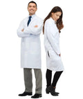 Adults Unisex Doctor Lab Coat Costume White Button Front Size Large Perfect For Cosplay Halloween Dress Up And Medical Themed Parties Great For Men And Women with models showing front and side views