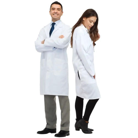 Adults Unisex Doctor Lab Coat Costume White Button Front Size Large Perfect For Cosplay Halloween Dress Up And Medical Themed Parties Great For Men And Women with models showing front and side views