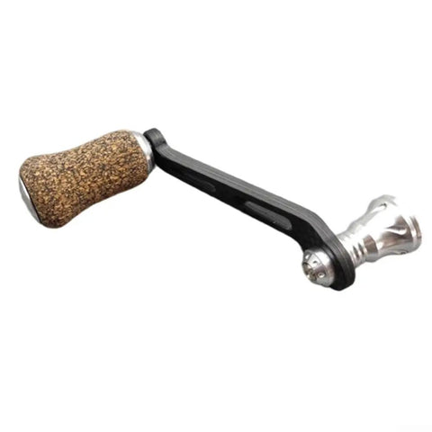 Premium Single Rocker Fishing Reel Handle With Rubber Cork Knob Carbon Fiber Core 70Mm Screw In Arm Length showing black and cork details.