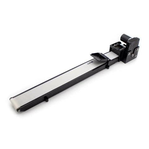 24V Tabletop Belt Conveyor with 504mm Belt for vending machine use, featuring push plate and automatic tensioning system.