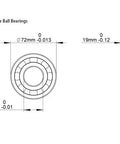 Technical drawing of Five Pack 6306 ZZ Deep Groove Ball Bearings 30x72x19mm Shielded Chrome Steel