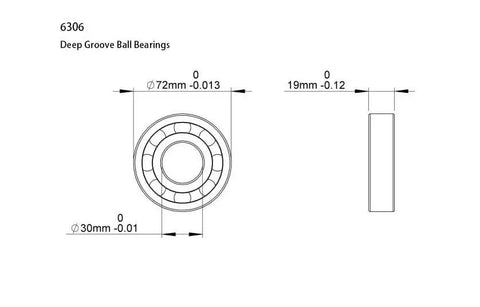Technical drawing of Five Pack 6306 ZZ Deep Groove Ball Bearings 30x72x19mm Shielded Chrome Steel