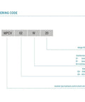 Front diagram of MPCV modular hydraulic control check valve ordering code; shows MPCV 02 W 20 and bore A/B.