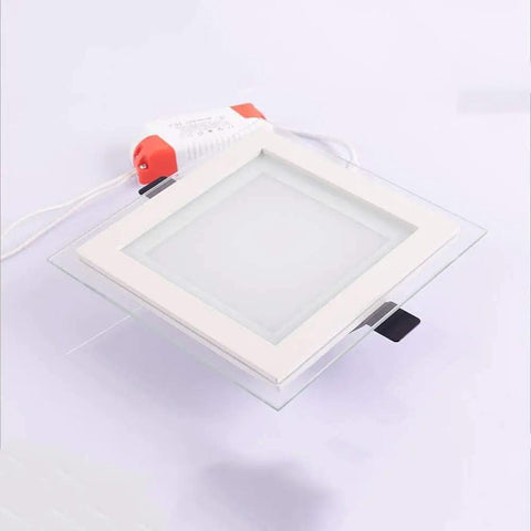 Ultra Thin Square Recessed LED Downlight Kit - Commercial Embedded Spotlight with Glass Panel Trim, white square fixture with driver.