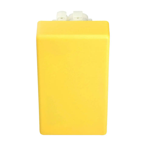 Performance Racing 6 Pin DC CDI Box For GY6 Engines With Adjustable Timing, yellow unit with connectors, front view