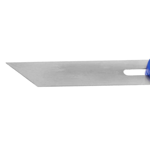 Adjustable Sliding T Bevel Gauge For Dead On Accurate Layouts And Easy Peasy Woodworking Angles with steel blade and blue plastic handle.