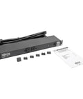 Isobar 12-Outlet Rackmount Surge Protected PDU Power Strip with 15A 120V, 3840 Joules Protection, accessories, and manual