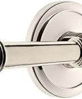 Circulaire Rosette Passage Door Lever Set With Georgetown Lever in polished nickel, solid forged brass, angled view.