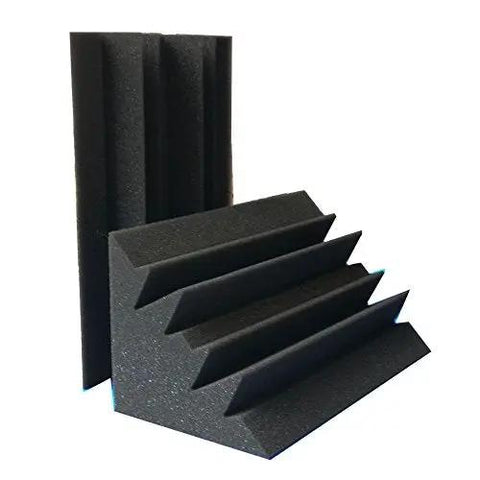Pro Level Black Acoustic Foam Bass Traps Pack Of Eight Dope Sound Dampening Panels 4.6 X 4.6 X 9.4 Inches showing angled foam pieces.