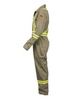 Workhorse Flame Resistant Coveralls Featuring Bold High Visibility Striping And Soft Cotton Nylon Blend For Straight Up Comfortable Daily Hazardous Environment Safety Wear, side view.