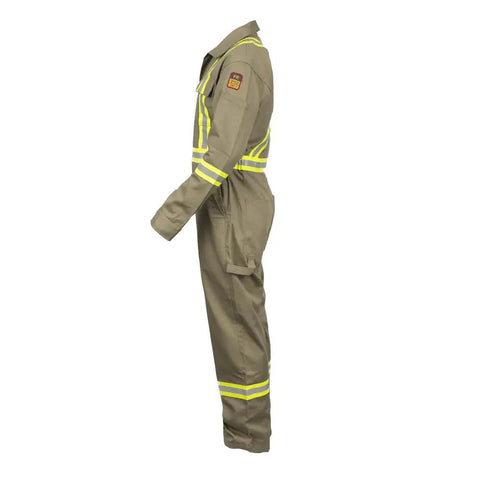Workhorse Flame Resistant Coveralls Featuring Bold High Visibility Striping And Soft Cotton Nylon Blend For Straight Up Comfortable Daily Hazardous Environment Safety Wear, side view.