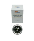 GlowShift liquid-filled oil pressure gauge with black dial, 100 psi, 1-1/2 in diameter, shown with box.
