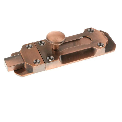 Top Shelf Zinc Alloy Sliding Bolt Door Latch, Smooth Auto Return Barrel Lock For Patio Barn Doors, detailed view of bronze finish latch.