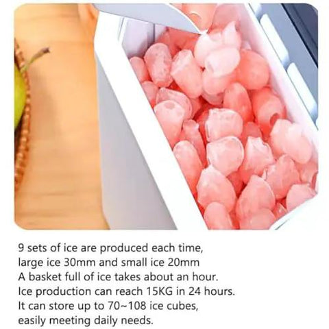 Portable Nugget Ice Maker, Plug And Play Electric Countertop Ice Machine With Free Scoop And Basket, Fast Chill Six Minute Batch filled with ice cubes.