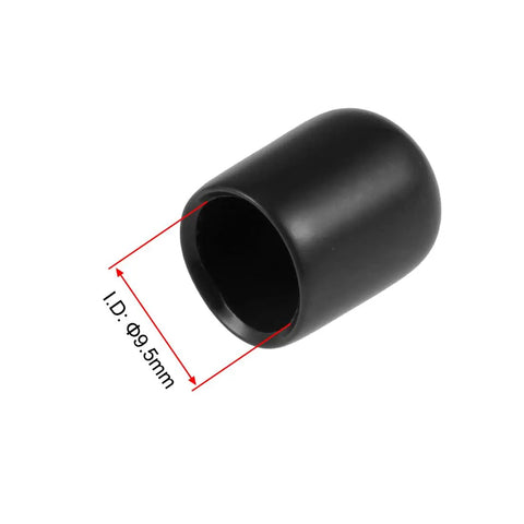 100 Pack Black Rubber End Caps 3/8 Inch Inner Diameter Vinyl Tube for furniture legs, showing a single black cap with measurements.