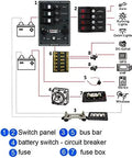 Wiring diagram showing Road Ready 250A DC Power Distribution Bus Bar for Cars and Trucks with fuse box and switch panel.
