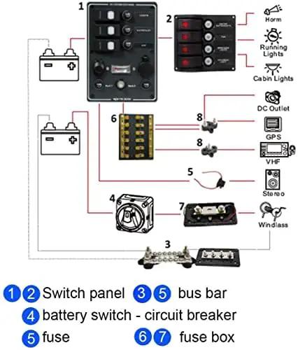 Wiring diagram showing Road Ready 250A DC Power Distribution Bus Bar for Cars and Trucks with fuse box and switch panel.