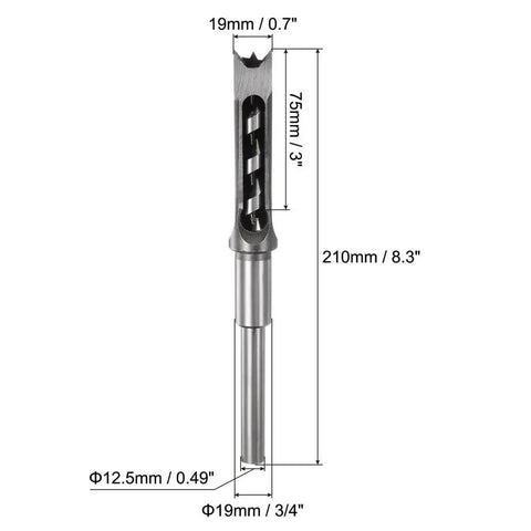 High Carbon Steel Square Hole Drill Bit For Woodworking Hollow Chisel Mortiser 19mm Auger Tool with 210mm length.