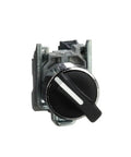 Front view of XB4BD21 2 Position Selector Switch with metal bezel for industrial machinery, 22mm panel mount, rugged black modular design