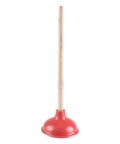 Eighteen Inch Heavy Duty Toilet Plunger Featuring A Thick Red Rubber Cup And Sturdy Wood Grip ready for use against clogs.