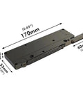 Hidden Soft Catch Cabinet Dampers With Push To Open Mechanism For Wardrobes And Cupboards that measure 170mm x 60mm x 10mm in black.