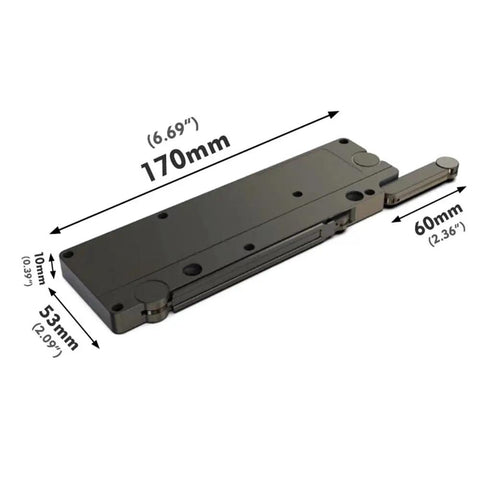 Hidden Soft Catch Cabinet Dampers With Push To Open Mechanism For Wardrobes And Cupboards that measure 170mm x 60mm x 10mm in black.