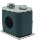 Pipe clamp, 33.7 mm OD, blue polypropylene body with SS316 top base plate and metric hex bolts.