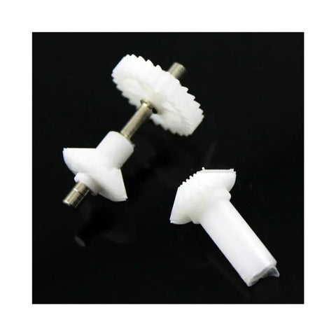 Close-up of 2 Pack Pro Torque Tube Front Drive Gear Set for Trex 450 Helicopter showing white durable precision gears on black background.