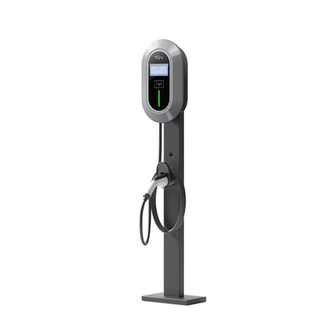 Rugged Commercial Electric Vehicle Charging Station Standalone Floor Pedestal Charger Built Tough Grid Ready Power Delivery for logistics parks and factories, gray finish with charging cable.