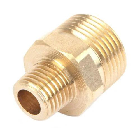 Brass male screw nipple fitting with hex body, M22M to 1/4 in NPT.
