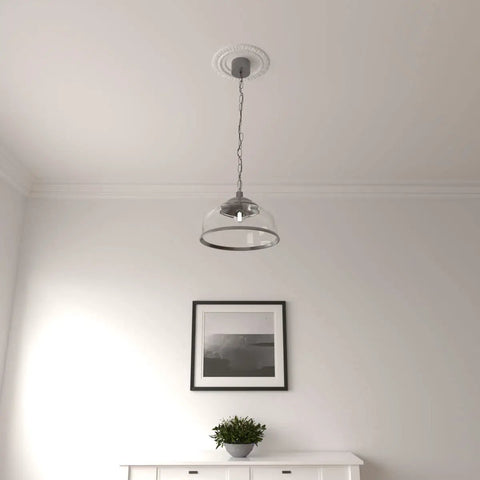 Claremont Ceiling Medallion Ten And Five Eighths Inch Outside Diameter Five And Three Quarter Inch Inside Diameter One Half Inch Projection Seven Inch Canopy Lightweight Primed For Easy Paint And Quick Installation shown with hanging light