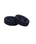 Two black plastic wheels from 20 Pack Plastic Toy Wheels With 2mm Shafts And Round Axles For RC Cars And DIY Models, 35mm Diameter Wheels, 9mm Wide