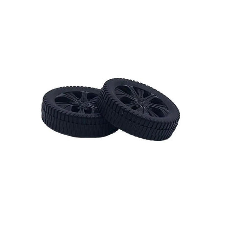 Two black plastic wheels from 20 Pack Plastic Toy Wheels With 2mm Shafts And Round Axles For RC Cars And DIY Models, 35mm Diameter Wheels, 9mm Wide