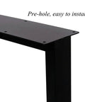 Close-up of Heavy Duty Black Metal Table Legs 28 Inch High By 24 Inch Wide, highlighting pre-drilled holes for installation.