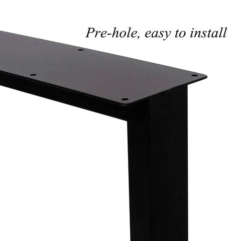 Close-up of Heavy Duty Black Metal Table Legs 28 Inch High By 24 Inch Wide, highlighting pre-drilled holes for installation.