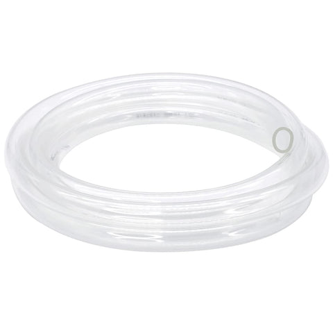 Clear Vinyl Tubing One Half Inch Inner Diameter Fifty Feet Long Low Pressure Flexible PVC Hose coiled on white background