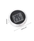 Front view of round digital thermometer with clear bezel; waterproof, stick-on, 2.8 cm diameter, Celsius display.
