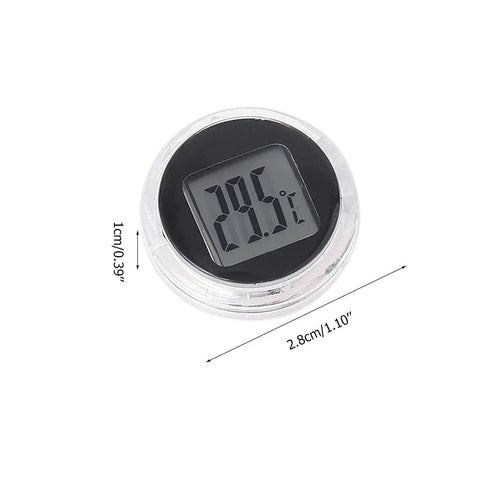 Front view of round digital thermometer with clear bezel; waterproof, stick-on, 2.8 cm diameter, Celsius display.