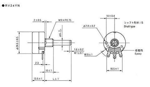 Technical drawing of Pro Grade 10K Potentiometer Rotary Pot With Carbon Film Single Turn Taper For Inverter Speed Control And Motor Regulation RV24YN20S B103 10K Kit With 2 A03 Knobs And 2 Dials