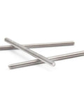 304 Stainless Steel 1/4-28 Fully Threaded Rod 12 Inch Long For DIY Projects And Industrial Fastening, Corrosion Resistant, Drill Cut Heat Shapeable, Low Magnetic Permeability, Built To Last For Assembly And Tap Nuts, three threaded rods on white
